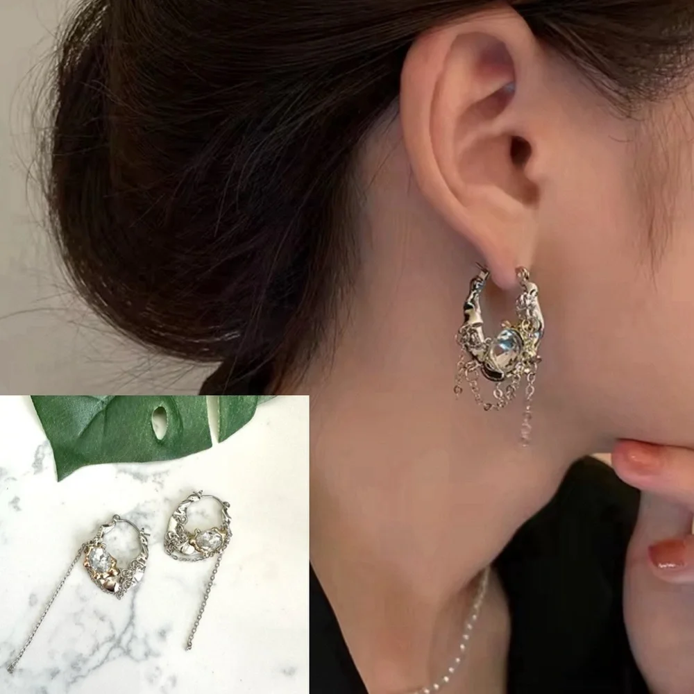 Silver & Gold Hoop Earrings Rhinestone Chain Wrapped Tassel Jewelry Gift NEW